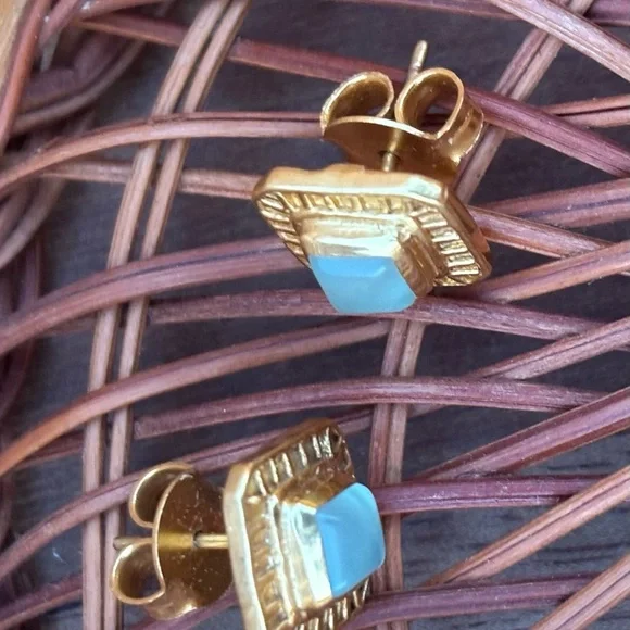 JULIE VOS Aquamarine Gemstone and Gold Square Earrings with Greek Key Design - Picture 5 of 5